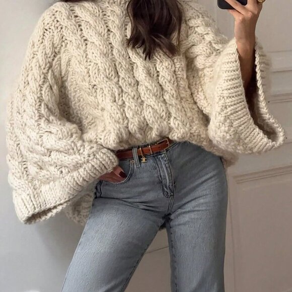 White Casual Women's Hemp Pattern Round Collar Wide Sleeve Long Sleeve Sweater - Picture 6 of 9